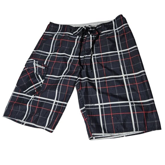 Quiksilver Plaid Board Shorts Mens Size 32 Black Red Swim Surf Beach Trunks - Picture 1 of 4